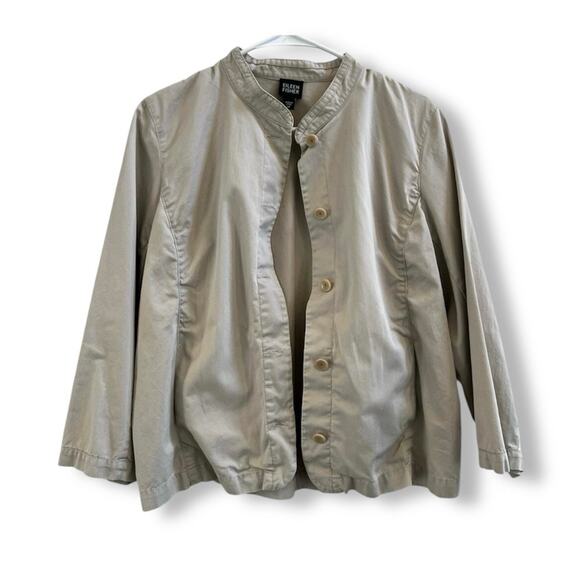 Eileen Fisher Utility Blazer Cotton Khaki Mock Neck Button Down Cropped Jacket M - Picture 1 of 12
